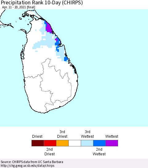 Sri Lanka Precipitation Rank since 1981, 10-Day (CHIRPS) Thematic Map For 4/11/2021 - 4/20/2021