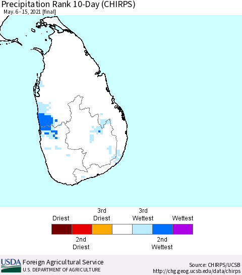 Sri Lanka Precipitation Rank since 1981, 10-Day (CHIRPS) Thematic Map For 5/6/2021 - 5/15/2021
