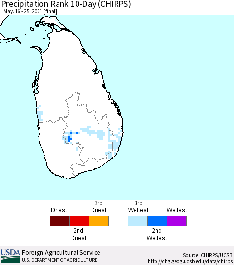 Sri Lanka Precipitation Rank since 1981, 10-Day (CHIRPS) Thematic Map For 5/16/2021 - 5/25/2021