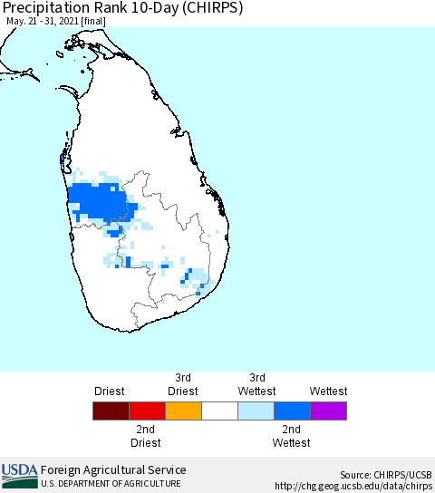 Sri Lanka Precipitation Rank since 1981, 10-Day (CHIRPS) Thematic Map For 5/21/2021 - 5/31/2021