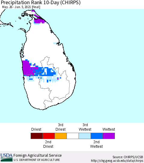Sri Lanka Precipitation Rank since 1981, 10-Day (CHIRPS) Thematic Map For 5/26/2021 - 6/5/2021