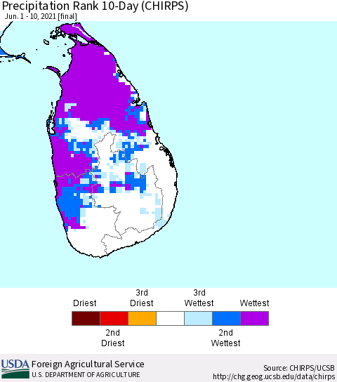Sri Lanka Precipitation Rank since 1981, 10-Day (CHIRPS) Thematic Map For 6/1/2021 - 6/10/2021