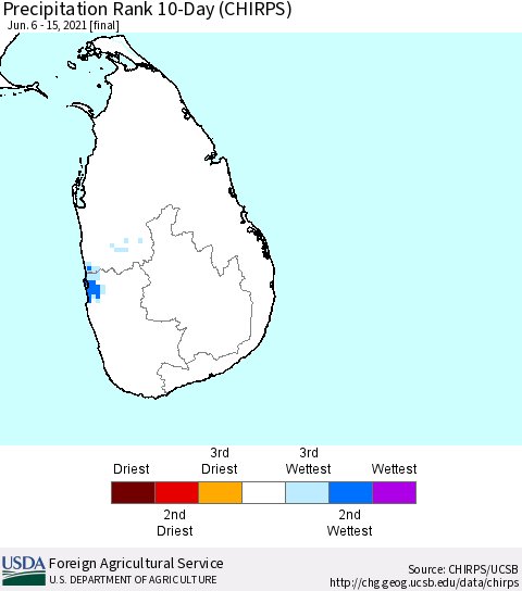 Sri Lanka Precipitation Rank since 1981, 10-Day (CHIRPS) Thematic Map For 6/6/2021 - 6/15/2021