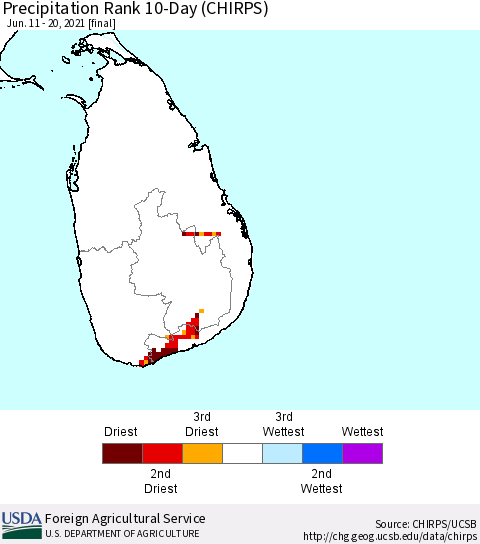 Sri Lanka Precipitation Rank since 1981, 10-Day (CHIRPS) Thematic Map For 6/11/2021 - 6/20/2021