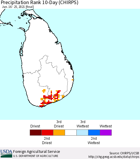 Sri Lanka Precipitation Rank since 1981, 10-Day (CHIRPS) Thematic Map For 6/16/2021 - 6/25/2021