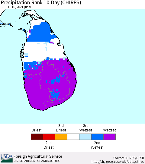 Sri Lanka Precipitation Rank since 1981, 10-Day (CHIRPS) Thematic Map For 7/1/2021 - 7/10/2021