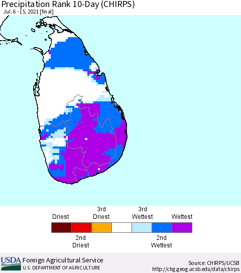 Sri Lanka Precipitation Rank since 1981, 10-Day (CHIRPS) Thematic Map For 7/6/2021 - 7/15/2021