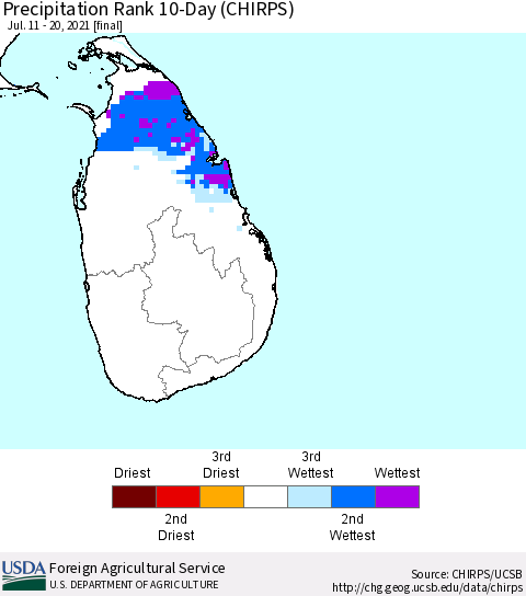 Sri Lanka Precipitation Rank since 1981, 10-Day (CHIRPS) Thematic Map For 7/11/2021 - 7/20/2021