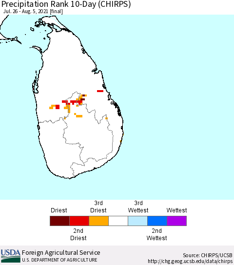 Sri Lanka Precipitation Rank since 1981, 10-Day (CHIRPS) Thematic Map For 7/26/2021 - 8/5/2021