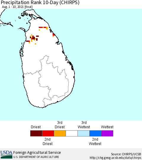 Sri Lanka Precipitation Rank since 1981, 10-Day (CHIRPS) Thematic Map For 8/1/2021 - 8/10/2021