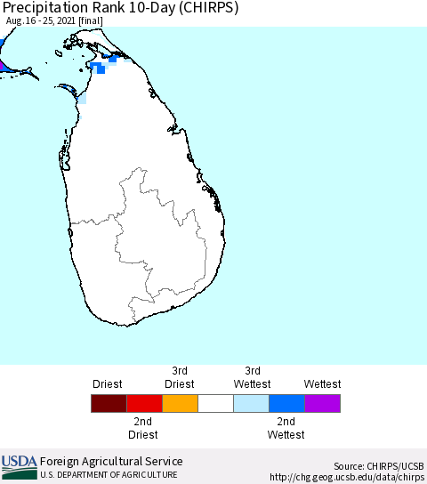 Sri Lanka Precipitation Rank since 1981, 10-Day (CHIRPS) Thematic Map For 8/16/2021 - 8/25/2021