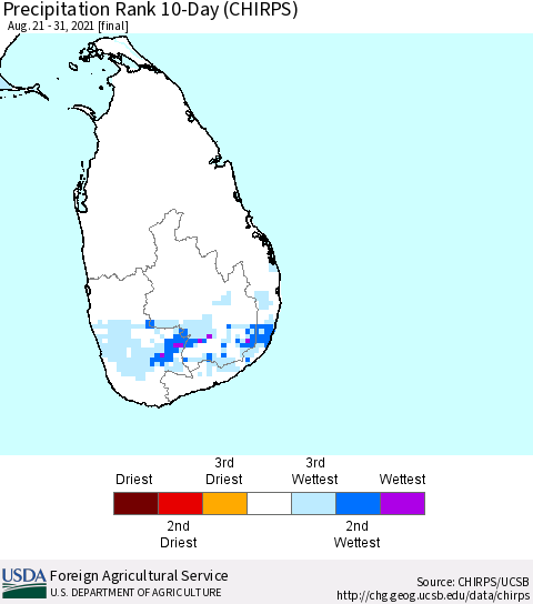Sri Lanka Precipitation Rank since 1981, 10-Day (CHIRPS) Thematic Map For 8/21/2021 - 8/31/2021