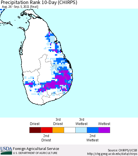 Sri Lanka Precipitation Rank since 1981, 10-Day (CHIRPS) Thematic Map For 8/26/2021 - 9/5/2021