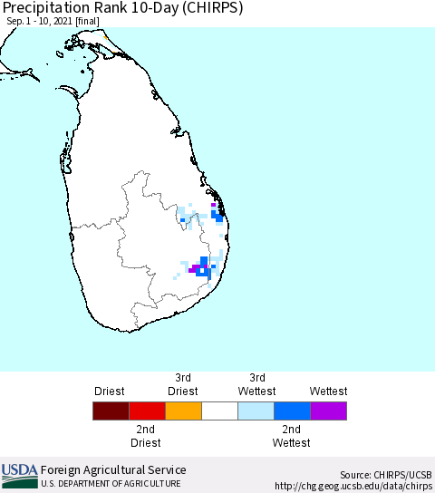 Sri Lanka Precipitation Rank since 1981, 10-Day (CHIRPS) Thematic Map For 9/1/2021 - 9/10/2021