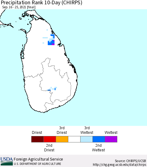 Sri Lanka Precipitation Rank since 1981, 10-Day (CHIRPS) Thematic Map For 9/16/2021 - 9/25/2021