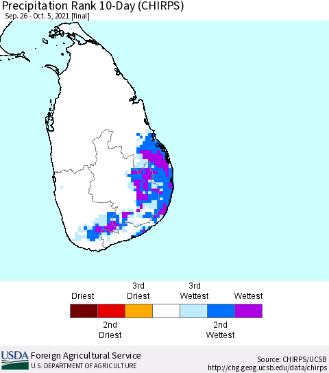 Sri Lanka Precipitation Rank since 1981, 10-Day (CHIRPS) Thematic Map For 9/26/2021 - 10/5/2021