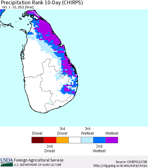 Sri Lanka Precipitation Rank since 1981, 10-Day (CHIRPS) Thematic Map For 10/1/2021 - 10/10/2021