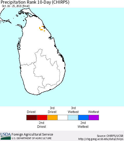 Sri Lanka Precipitation Rank since 1981, 10-Day (CHIRPS) Thematic Map For 10/16/2021 - 10/25/2021
