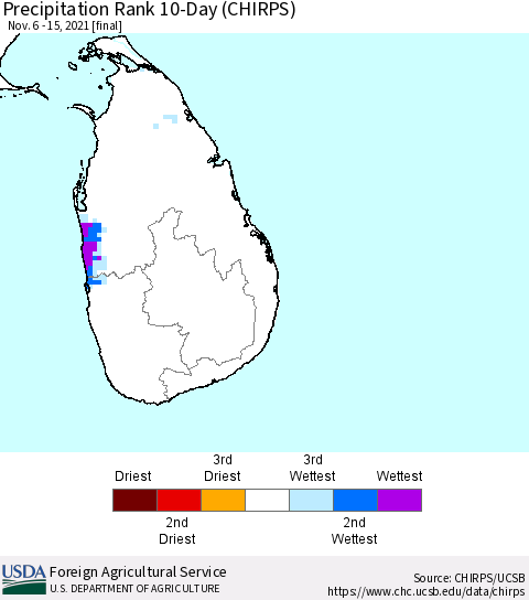 Sri Lanka Precipitation Rank since 1981, 10-Day (CHIRPS) Thematic Map For 11/6/2021 - 11/15/2021