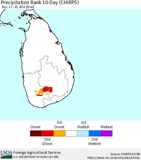 Sri Lanka Precipitation Rank since 1981, 10-Day (CHIRPS) Thematic Map For 11/11/2021 - 11/20/2021