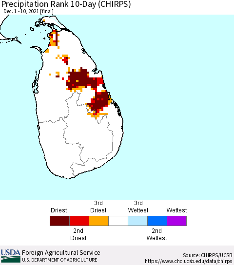 Sri Lanka Precipitation Rank since 1981, 10-Day (CHIRPS) Thematic Map For 12/1/2021 - 12/10/2021