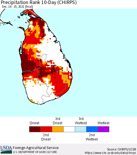 Sri Lanka Precipitation Rank since 1981, 10-Day (CHIRPS) Thematic Map For 12/16/2021 - 12/25/2021