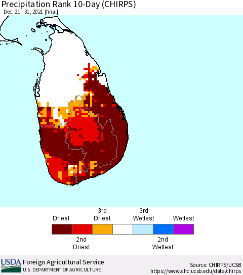 Sri Lanka Precipitation Rank since 1981, 10-Day (CHIRPS) Thematic Map For 12/21/2021 - 12/31/2021