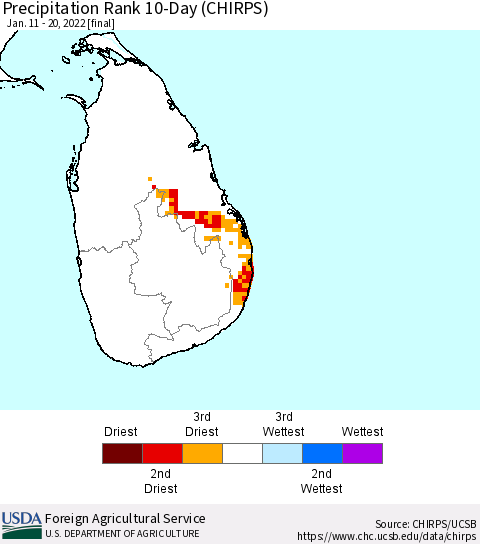 Sri Lanka Precipitation Rank since 1981, 10-Day (CHIRPS) Thematic Map For 1/11/2022 - 1/20/2022