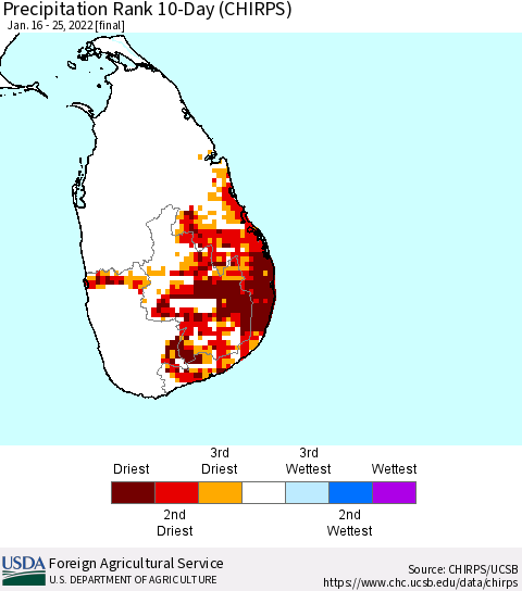 Sri Lanka Precipitation Rank 10-Day (CHIRPS) Thematic Map For 1/16/2022 - 1/25/2022