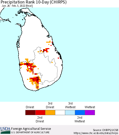 Sri Lanka Precipitation Rank since 1981, 10-Day (CHIRPS) Thematic Map For 1/26/2022 - 2/5/2022