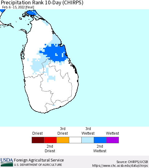 Sri Lanka Precipitation Rank since 1981, 10-Day (CHIRPS) Thematic Map For 2/6/2022 - 2/15/2022