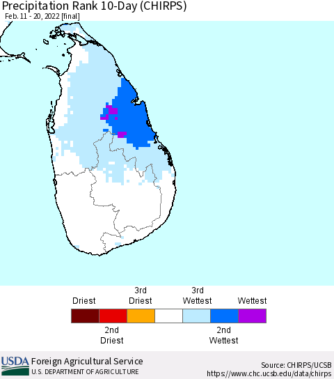 Sri Lanka Precipitation Rank since 1981, 10-Day (CHIRPS) Thematic Map For 2/11/2022 - 2/20/2022