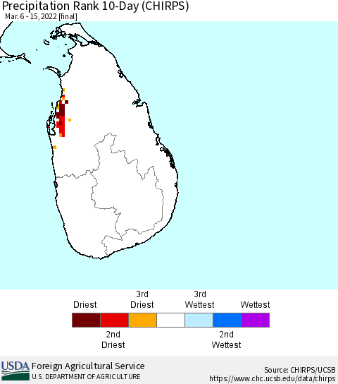 Sri Lanka Precipitation Rank since 1981, 10-Day (CHIRPS) Thematic Map For 3/6/2022 - 3/15/2022
