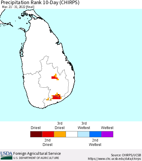 Sri Lanka Precipitation Rank since 1981, 10-Day (CHIRPS) Thematic Map For 3/21/2022 - 3/31/2022