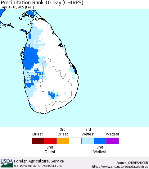 Sri Lanka Precipitation Rank since 1981, 10-Day (CHIRPS) Thematic Map For 4/1/2022 - 4/10/2022