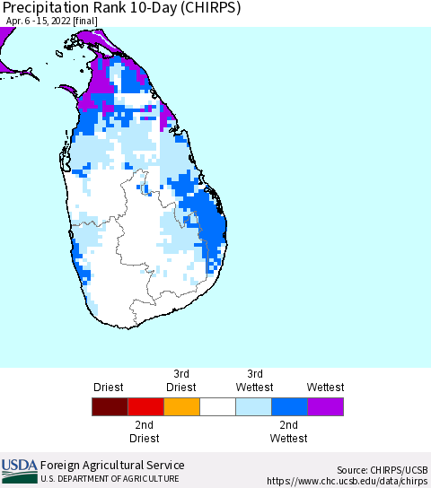 Sri Lanka Precipitation Rank since 1981, 10-Day (CHIRPS) Thematic Map For 4/6/2022 - 4/15/2022