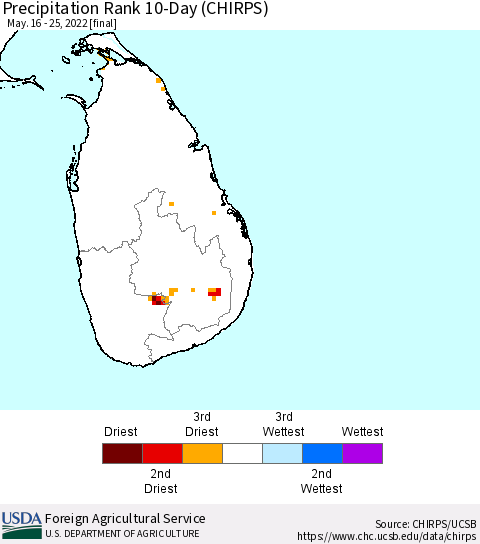 Sri Lanka Precipitation Rank 10-Day (CHIRPS) Thematic Map For 5/16/2022 - 5/25/2022
