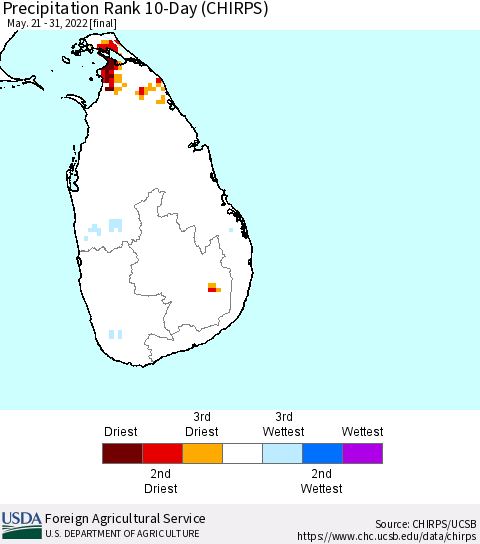 Sri Lanka Precipitation Rank since 1981, 10-Day (CHIRPS) Thematic Map For 5/21/2022 - 5/31/2022
