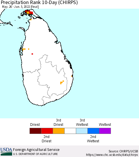 Sri Lanka Precipitation Rank since 1981, 10-Day (CHIRPS) Thematic Map For 5/26/2022 - 6/5/2022