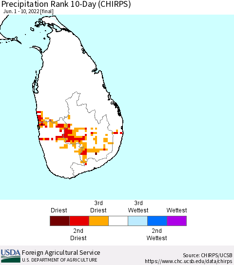 Sri Lanka Precipitation Rank since 1981, 10-Day (CHIRPS) Thematic Map For 6/1/2022 - 6/10/2022