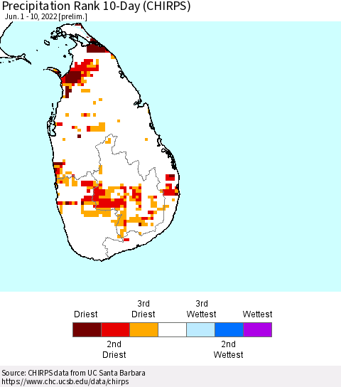 Sri Lanka Precipitation Rank 10-Day (CHIRPS) Thematic Map For 6/1/2022 - 6/10/2022