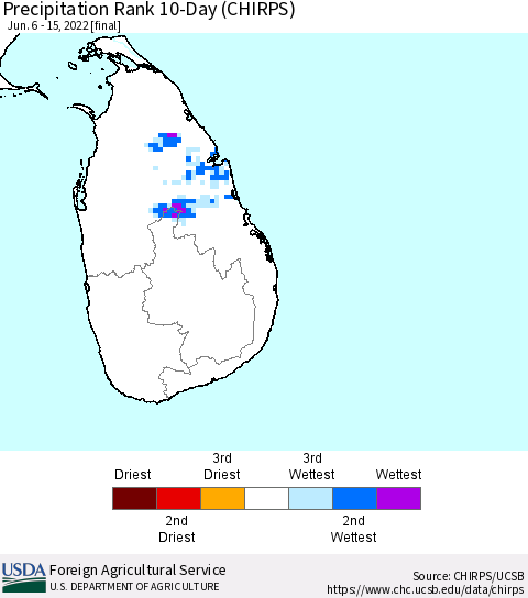 Sri Lanka Precipitation Rank since 1981, 10-Day (CHIRPS) Thematic Map For 6/6/2022 - 6/15/2022