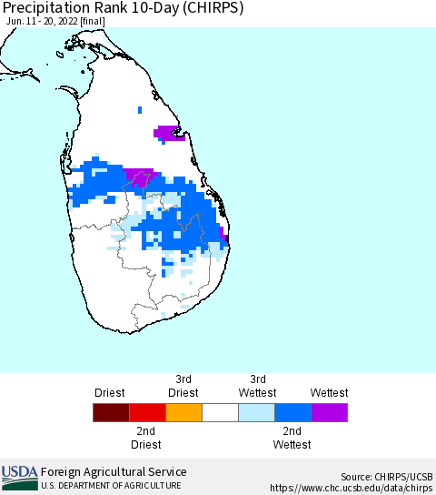 Sri Lanka Precipitation Rank since 1981, 10-Day (CHIRPS) Thematic Map For 6/11/2022 - 6/20/2022