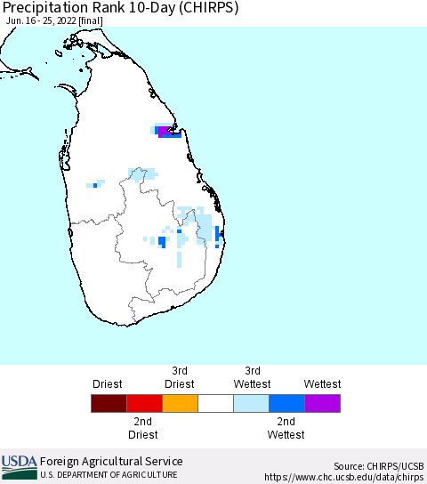 Sri Lanka Precipitation Rank since 1981, 10-Day (CHIRPS) Thematic Map For 6/16/2022 - 6/25/2022