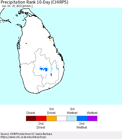 Sri Lanka Precipitation Rank 10-Day (CHIRPS) Thematic Map For 6/16/2022 - 6/25/2022