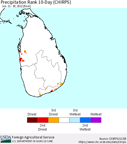 Sri Lanka Precipitation Rank since 1981, 10-Day (CHIRPS) Thematic Map For 6/21/2022 - 6/30/2022
