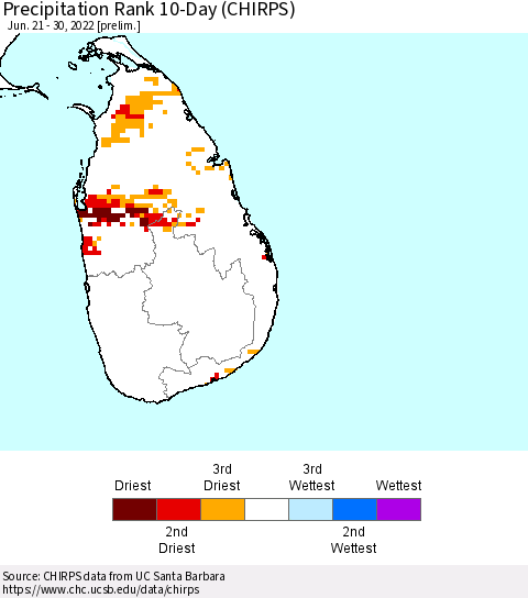 Sri Lanka Precipitation Rank 10-Day (CHIRPS) Thematic Map For 6/21/2022 - 6/30/2022