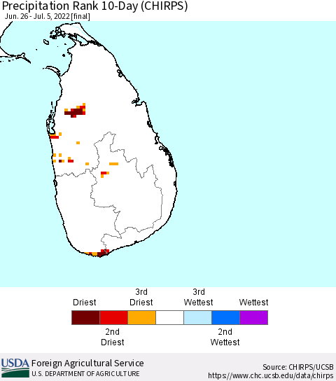 Sri Lanka Precipitation Rank since 1981, 10-Day (CHIRPS) Thematic Map For 6/26/2022 - 7/5/2022
