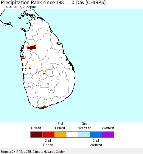 Sri Lanka Precipitation Rank since 1981, 10-Day (CHIRPS) Thematic Map For 6/26/2022 - 7/5/2022