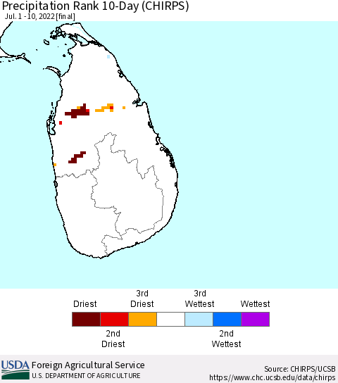 Sri Lanka Precipitation Rank since 1981, 10-Day (CHIRPS) Thematic Map For 7/1/2022 - 7/10/2022